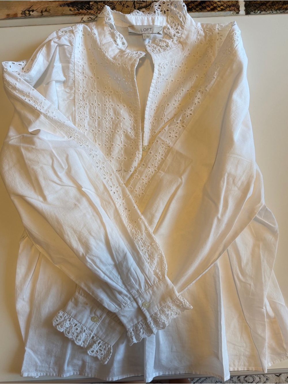 LOFT White Eyelet Button Front Peasant Blouse - Picture 2 of 7
